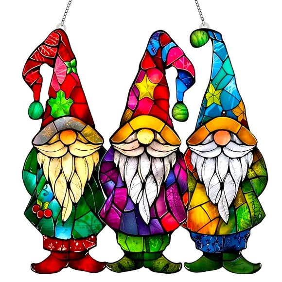 Stained Glass Gnome Window Hanger 3 Gnomes Waterproof Scratch Chemical Resistant - Picture 7 of 7